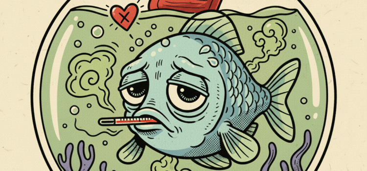 Absage Fischbörse Kranker Fisch mit Wärmflasche im Goldfischglas