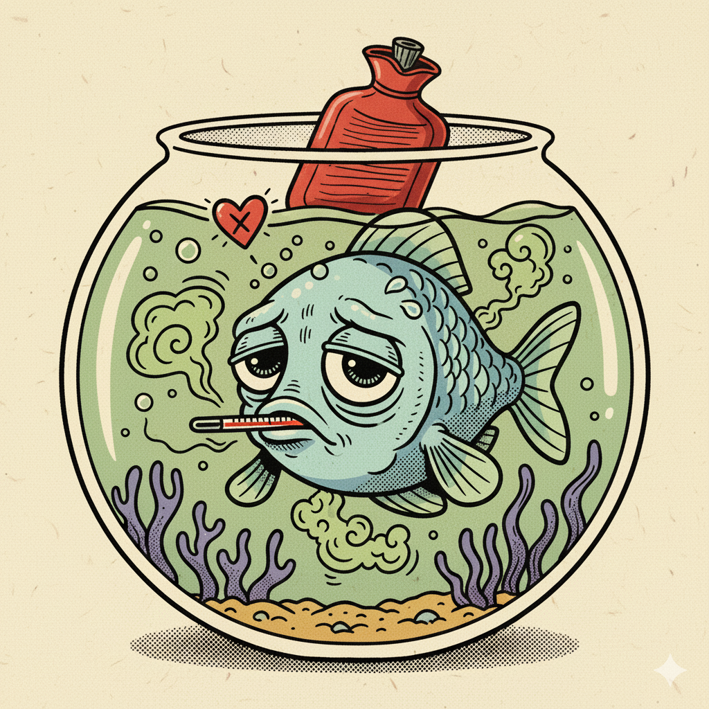 Kranker Fisch mit Wärmflasche im Goldfischglas