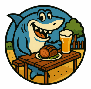 Stammfisch-Logo, ein Hai sitzt am Tisch im Biergarten, vor ihm ein Schweinsbraten und ein Glas Weißbier