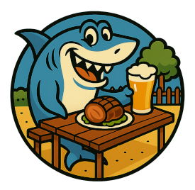 Stammfisch Stammfisch-Logo, ein Hai sitzt am Tisch im Biergarten, vor ihm ein Schweinsbraten und ein Glas Weißbier